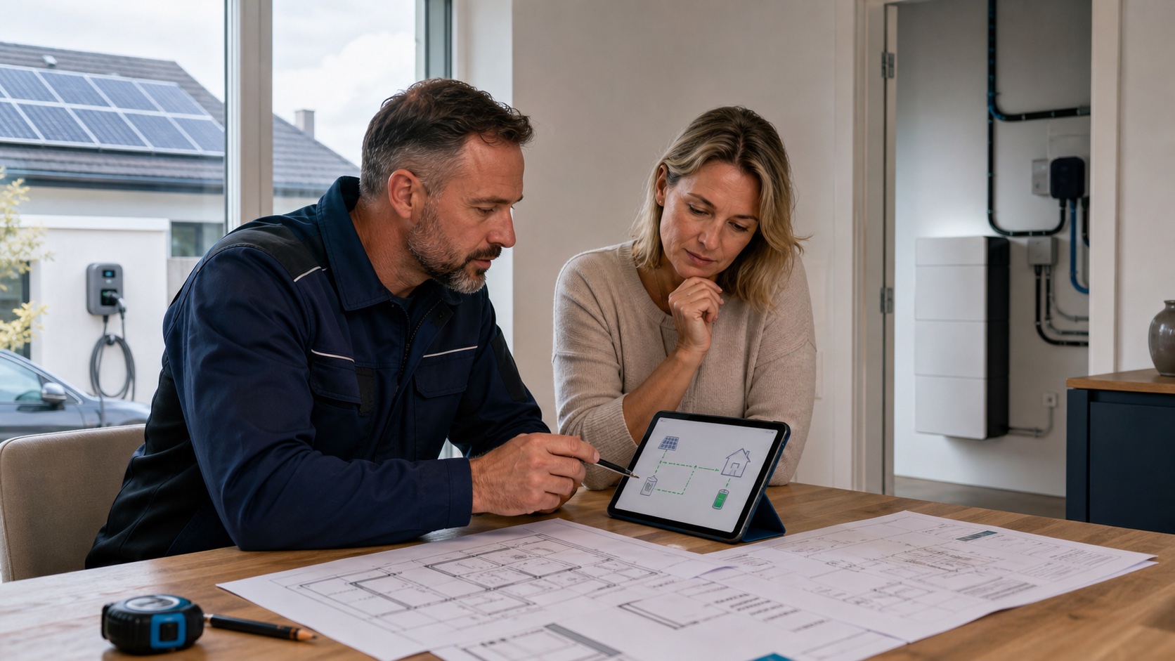 Elektrofachkraft und Hauseigentümer planen am Tisch die Modernisierung mit Photovoltaik, Speicher und Wallbox