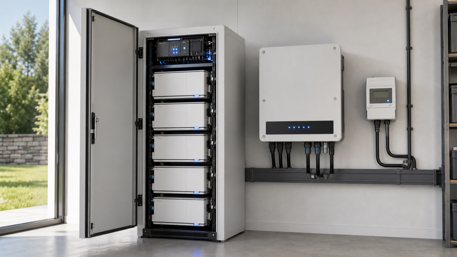 Geöffnetes modulares Batteriespeichersystem mit geschlossenen Speichermodulen, Hybridwechselrichter und Energiemessung
